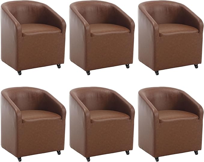 Modern Barrel Upholstered Dining Chairs with Swivel Casters Set of 6, Brown Faux Leather Back Accent Side Chair for Dining Room Living Room
