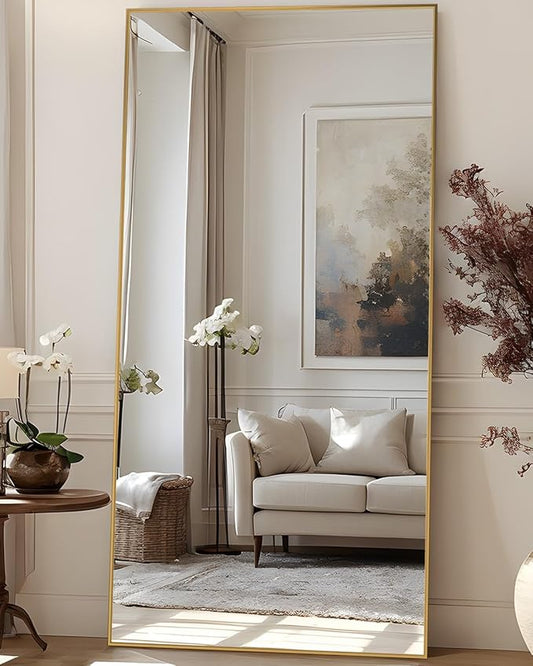 Full Length Mirror, 83"x44" Floor Mirror Freestanding, Oversized Floor Standing Full Body Mirror with Stand for Bedroom, Hanging Mounted for Living Room Cloakroom, Gold, Rect