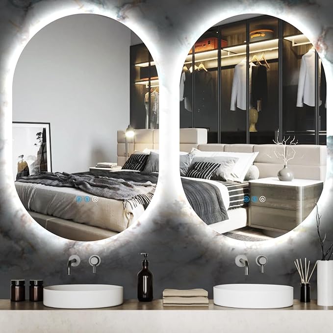 THEKLA 24 x 36 inch LED Oval Backlit Mirror for Bathroom Salon Wall Vertical/Horizontal Mount Makeup Frameless 36 Backlight Oval Lighted Vanity Mirror with Lights Smart Memory 3 Color Dimmable AntiFog