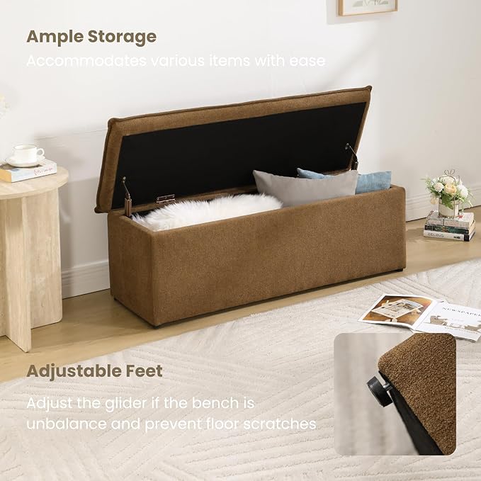 45.5 Inch Storage Ottoman Bench, Modern Upholstered Chenille End of Bed Bench with 2 Safety Hinge, Entryway Bench with Seating for Bedroom Living Room, Brown