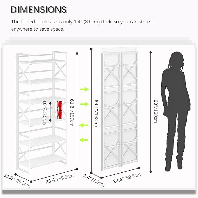 4NM 6 Tiers No Assembly Book Shelves, 61.8" H Folding Bookshelf Bookcase Open Industrial Foldable Shelves for Bedroom, Living Room, Home Office - All White