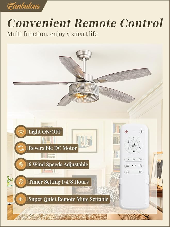 Fanbulous Farmhouse Brushed Nickel Ceiling Fans with Lights and Remote, 52 Inch Bedroom Caged Ceiling Fans for Living Room Kitchen，6 Speed Reversible Quiet DC Motor, Dual Finish 5 Blades