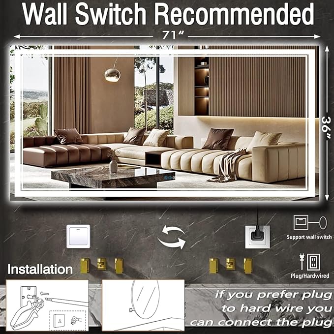 36 x 72 Inch Lighted Vanity Mirror with Lights 3 Color Adjustable Brightness Anti-fog 72 Inch Large LED Bathroom Mirror for Bathroom Wall Horizontal/Vertical Mounted 72" Light up Smart Mirror