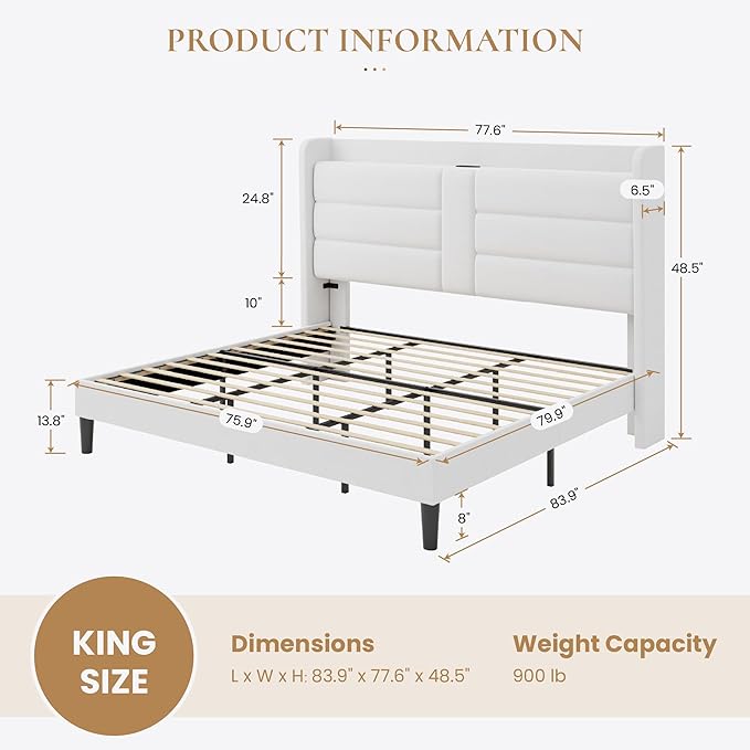 SHA CERLIN King Size Bed Frame with Charging Station & Storage Shelf, Velvet Upholstered Modern Platform Bed with Wingback Headboard, Wooden Slats Support, No Box Spring Needed, Easy Assembly, White