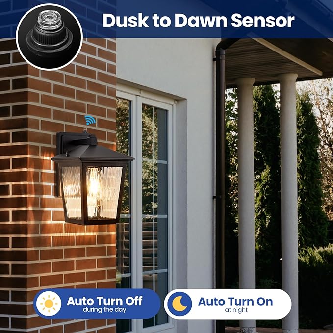 Dusk to Dawn Outdoor Wall Lantern, Exterior Wall Sconce Light Fixture with E26 Base, Black Waterproof Wall Mount Light, Outdoor Lantern for Porch