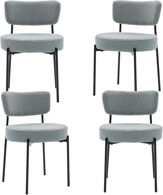 Grey Boucle Dining Chairs Set of 4, Upholstered Dinner Chair with Metal Frame, Dining Room Chairs with Padded Seat, Round Modern Seating for Living Room