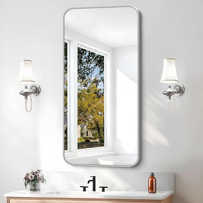 BONEWEI Silver Bathroom Mirror,20x40 inch Wall Mirror for Bathroom Wall Mounted,Rectangle Mirror for Bathroom Over Sink,Modern Frame Round Corner for Living Room,Bedroom Entryway,Horizontal/Vertical