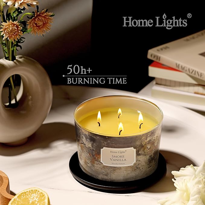 HomeLights Large jar Candle | 4-Wick Long-Lasting Scented Candles, 18oz Natural Soy Wax Candle for Home Scented, Industrial Chic Gifts for Women & Men, Smoke Vanilla