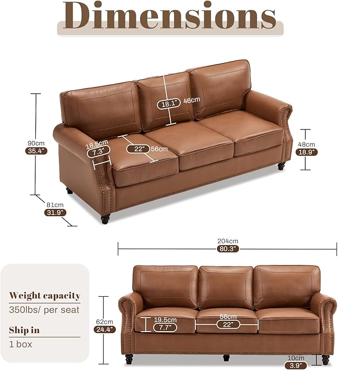 WILLOVE 79'' Faux Leather Sofa, Classic 3 Seater Leather Couch with Rolled Arm and Nailhead Trim, Mid-Century Modern Couch for Living Room, Apartment, Easy to Install, Brown