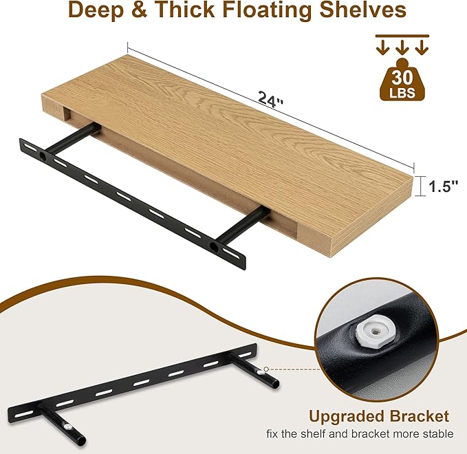 Fun Memories Floating Shelves for Wall, 24Inch Floating Shelves Set of 2, Hanging Shelf with Invisible Brackets, Wood Shelves for Living Room, Bedroom, Kitchen, Oak