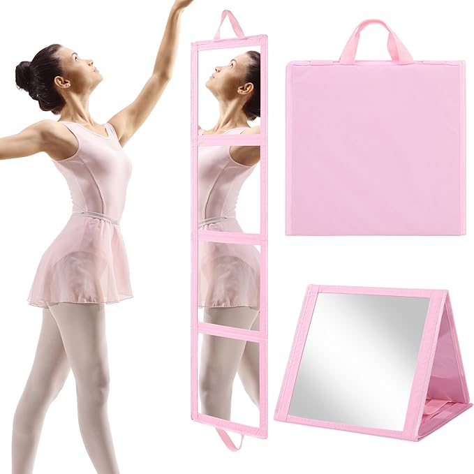 ROYALAY Foldable Full Length Mirror with Handle, 47 * 13in Four-fold Portable Mirror for Travel Makeup Dancing and Fitting Clothes, Pink