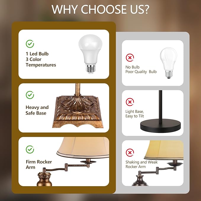 PARTPHONER Vintage Floor Lamps for Living Room,Traditional 350° Adjustable Swing Arm Farmhouse Floor Lamp for Bedroom, Rustic Standing Lamp Pole Lamps for Reading, Home Décor and Office,Bronze Gold