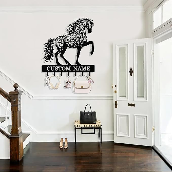 Personalized Horse Key Holder Wall Mount, Custom Metal Keys Hanger for Wall with Name, Custom Key Rack Holder with Hooks for Home, Entryway, Front Door, Living Room, Kitchen, Bathroom