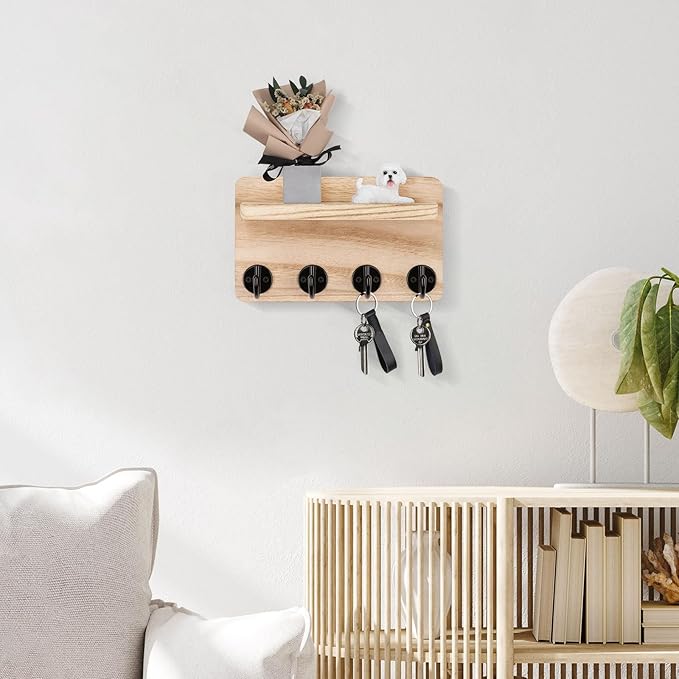 Nekon Key Holder Wall Mount, 8.5 Inch Small Home Decor Wooden Wall Organizer with 4 Hooks and Shelf, Wall Decor for Living Room Entryway Kitchen (Wood)