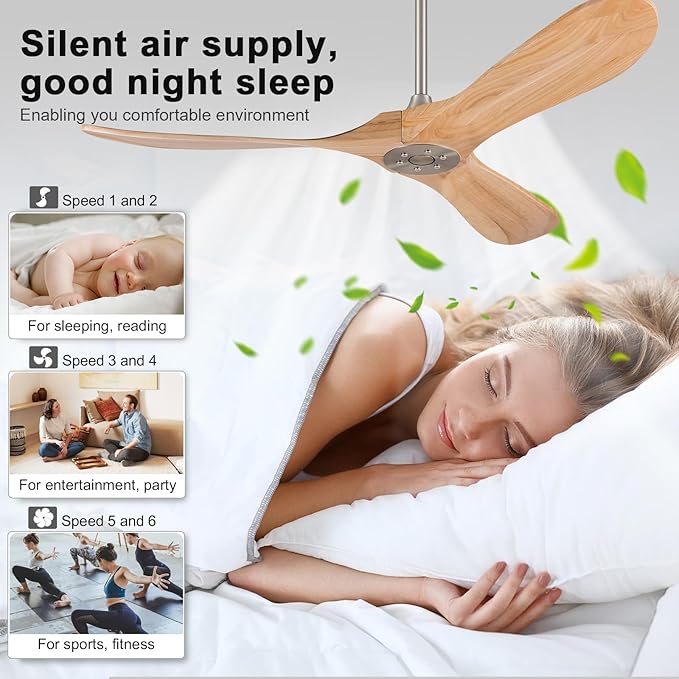 52 Inch Solid Wood Ceiling Fan with Remote,Outdoor Ceiling Fan no Light,6 Speeds,Noiseless,Reversible DC Motor,Modern Ceiling Fans without Lights for Bedroom Farmhouse Patios Study Brushed Nickel