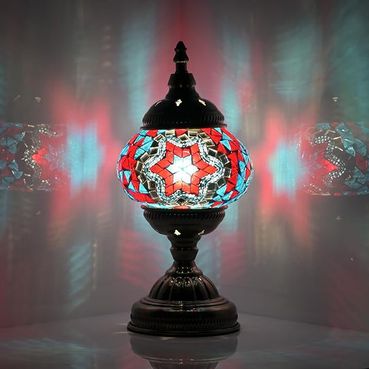 Turkish Moroccan Table Lamp Lantern with Handmade Mosaic Glass Lampshade Tiffany Style Bohemian Stained Glass Decorative Desk Lamps Bedside Night Lights for Bedroom (Blue Red)