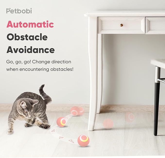 Petbobi Interactive Cat Toy Ball - Automatic Cat Toy with LED Light, USB Rechargeable Self Moving Ball, Indoor Active Rolling Toys, 360°Rotating Smart Sphere, 2 Modes, Fun Gift for Kitten, Pink