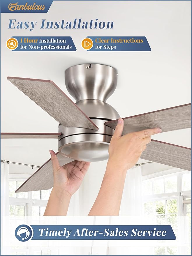 Fanbulous 42 Inch Flush Mount Ceiling Fans no Light, Brushed Nickel Modern Ceiling Fans, 6-Speeds, Quiet Reversible DC Motor, Outdoor/Indoor Ceiling Fan for Patios, Living Room, Bedroom