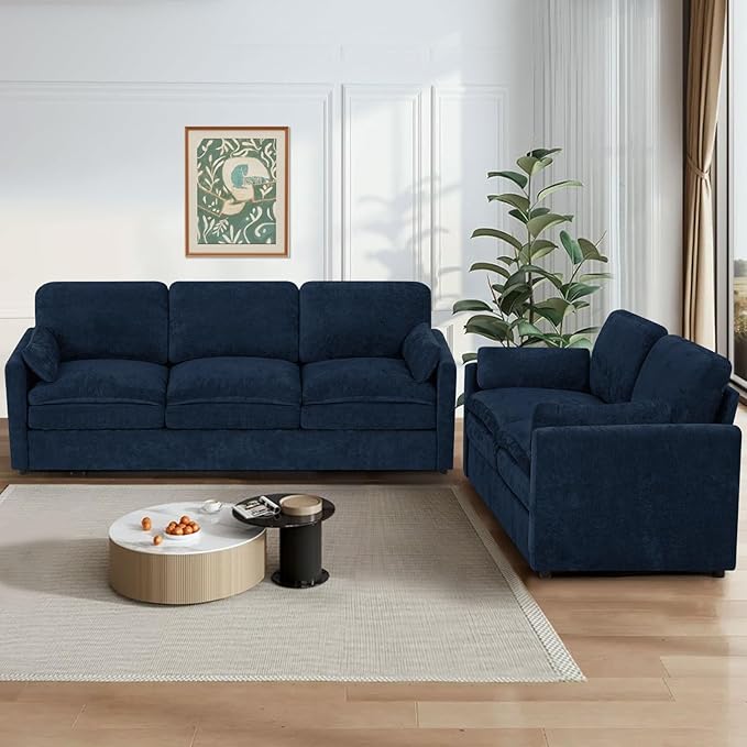 2 Pieces Chenille Sofa Set w/Arm Pillows, Upholstered Loveseat & 3 Seater Sofa w/Comfortable Back Cushions, Modern 2-Seat & 3-Seat w/High-Density Foam for Living Room, Apartment, Blue