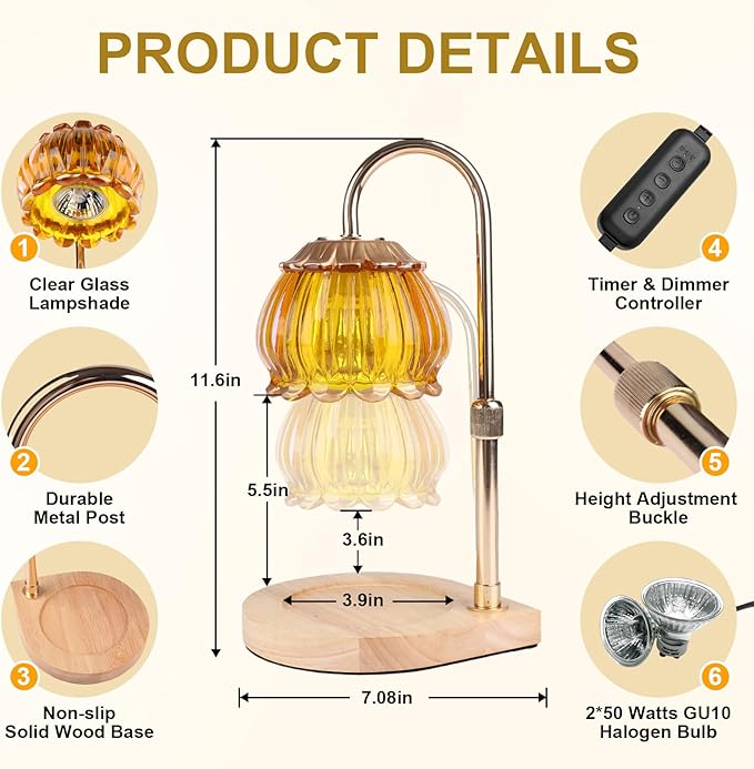 Candle Warmer Lamp with Timer, Adjustable Height Dimmable Candle Warmer Light, Gift for Women Glass Shade Electric Jar Candle Warming Lantern,Home Decor Cozy House Warming Gifts,Orange
