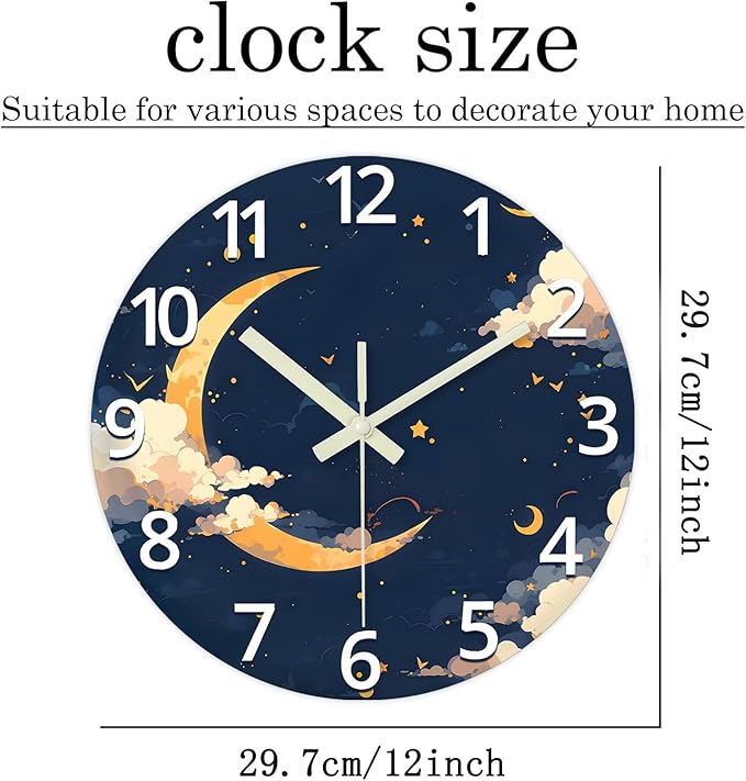 Moon Battery Powered Clock Analog 12 Inch Round Glow in The Dark Wall Clock for Kids Bedroom Small Wall Clock Silent