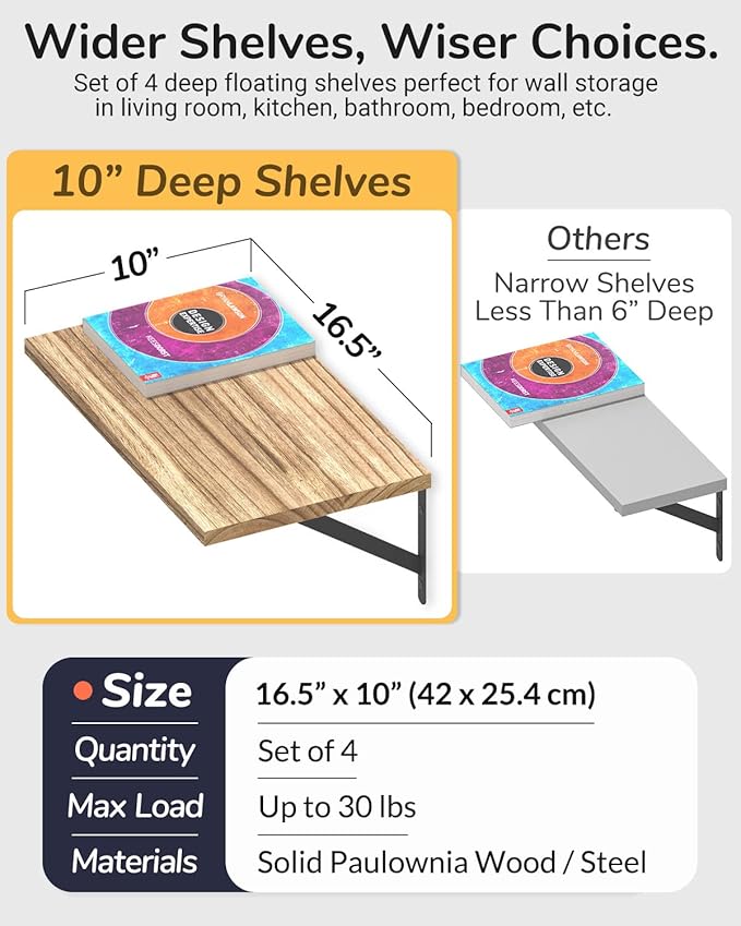 Deep Floating Shelves 10" D x 16.5" W Set of 4, Rustic Wood Wall Bookshelves for Living Room, Kitchen, Laundry Room, Bathroom, Bedroom, Books, Plants, and More (Natural Burned Finish)