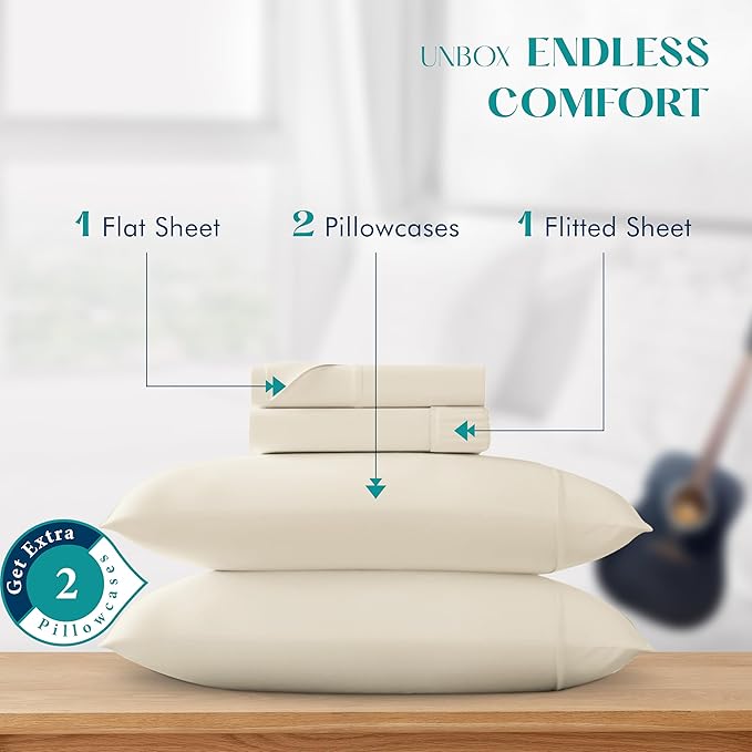 XOOX Linen 100% Egyptian Cotton Sheets Set - Luxury 1200 Thread Count Egyptian Cotton Sheets, Deep Pocket, Silky Soft, Cooling Sateen Weave Hotel Quality Bedding Set - 4 PC, King Ivory