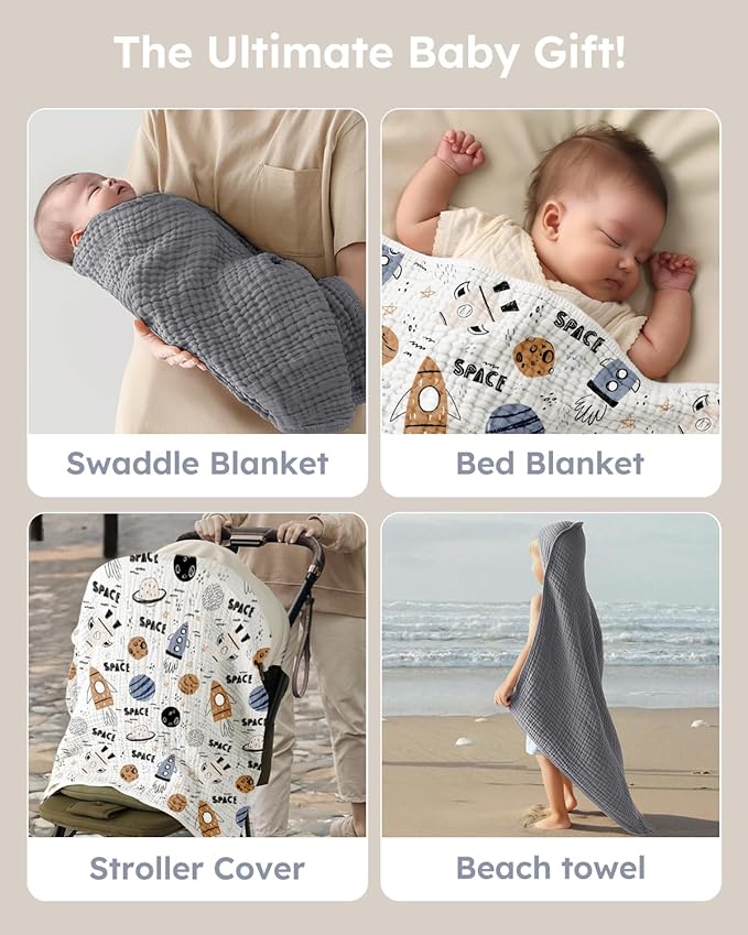 Yoofoss Hooded Baby Towels for Newborn 2 Pack 100% Muslin Organic Cotton Baby Bath Towel with Hood for Babies, Infant, Toddler and Kids, 32x32Inch, Soft and Absorbent Newborn Essential, Grey Planet