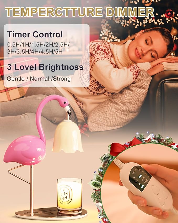 CODOGOY Fragrance Candle Warmer Flamingo Lamp with Timer, Dimmable, Halogen, Polished, Pink, for Home Decor 6.69 x11 x15.35 in