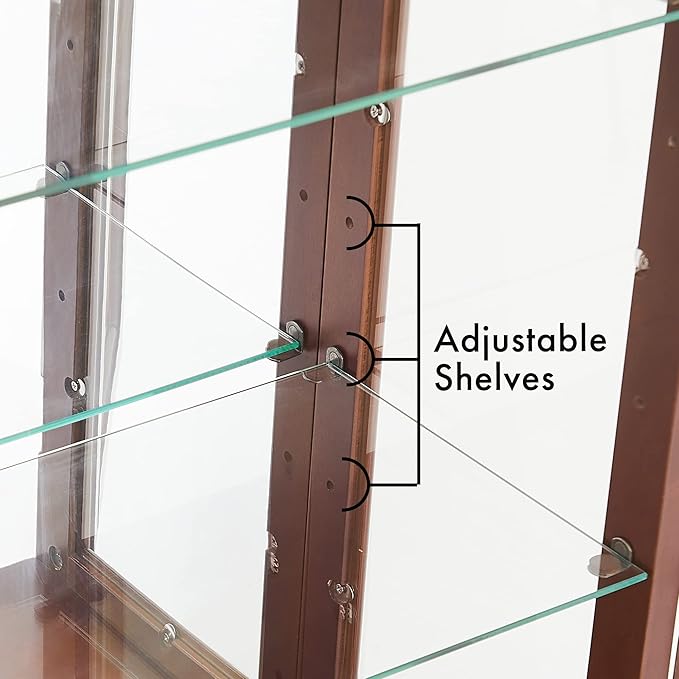 Goujxcy Lighted Curio Cabinet, Modern Floor Standing Glass Curio Cabinet Display Case Cabinet with Adjustable Shelves, Mirrored Back Panel and Tempered Glass Doors for Home/Office (Walnut)