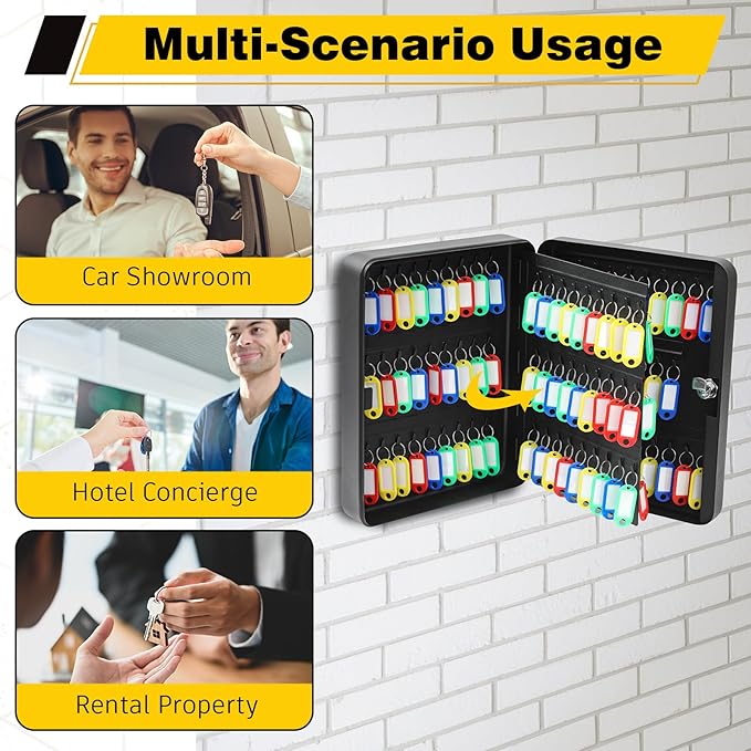 Ripeng 108-Keys Key Lock Box Wall Mount Steel Cabinet Security Holder with Tags and Hooks Key Organizer Wall Safe Storage for Car Office Hotel House Rental Business, Black