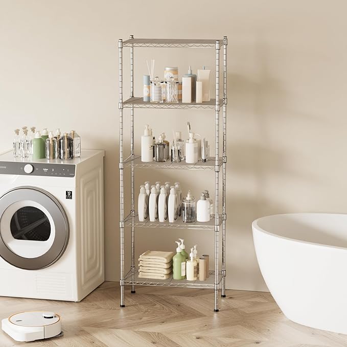 5 Tier Shelving Unit, 176 LBS Per Shelf Height Adjustable Narrow Storage Shelves, Heavy Duty Metal Garage Metal Shelves for Kitchen, Restaurant, Pantry, Laundry, 23"x 13.4"x 59", Chrome