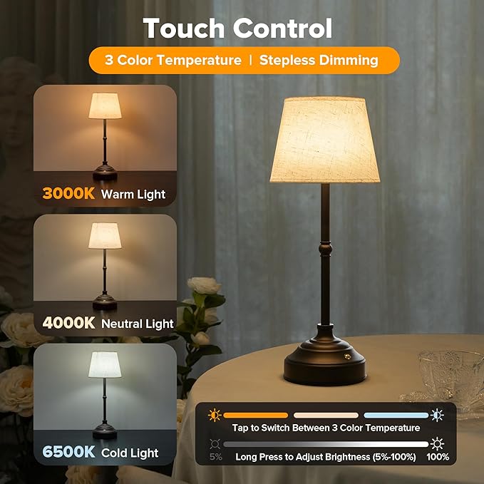 Cordless Table Lamp, Rechargeable Desk Lamp with Fabric Shade, Battery Operated Lamp 3 Color Stepless Dimming, Portable Small Touch Bedside Lamp Home Decor for Dining, Counter (Matte Black)