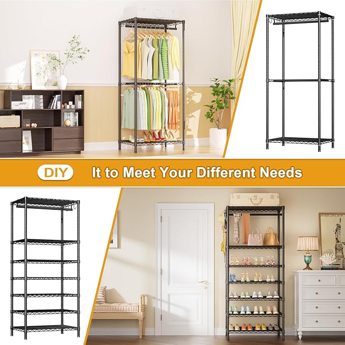 Ulif E13 Heavy Duty Clothes Rack（With 4 Hanger Rods & 8 Shelves） Freestanding Clothing Racks for Hanging Clothes，Adjustable Closet Organizer，Metal Garment Rack 63" W x16 D x77 H，Max Load 900LBS，Black