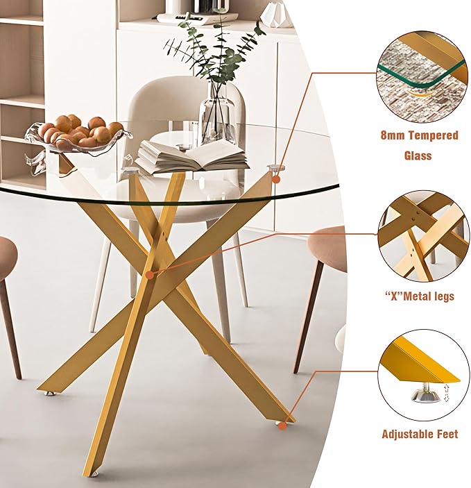 47.24" Round Glass Dining Table Modern Kitchen Glass Top Table for 6 with Gold Metal Legs, Clear Dining Table Kitchen Table for Home Office Dining Room