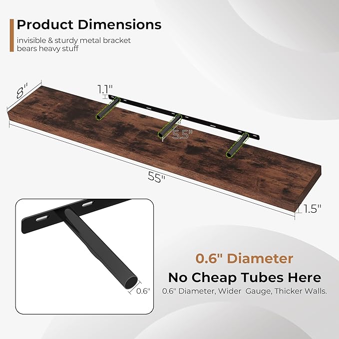 Fun Memories 55 Inch Floating Shelves for Wall, Fireplace Mantel Shelf with Invisible Heavy Duty Bracket, 8 Inch Deep Storage Shelf for Living Room, Kitchen, Farmhouse, Brown (2-Pack)