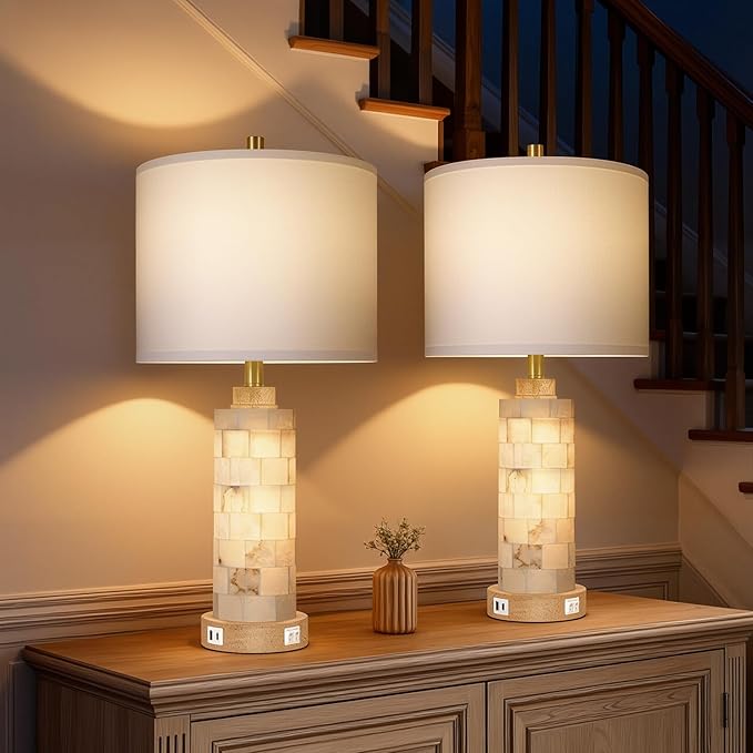 27" Natural Alabaster Wood Table Lamp Set of 2 with Night Light for Living Room, Nightstand Lamps with USB A+C Ports, Linen Shade, Farmhouse Bedside Lamps for Bedroom,Office,Hotel (Bulbs Included)