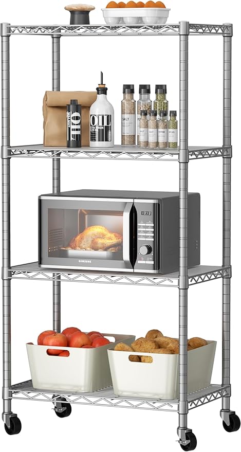 4 Tier Shelves Storage Shelf Wire Closet Bathroom Organizers Metal Pantry Kitchen Garage Shelving Unit Laundry Room Organization Home Rack Net Basket White with Wheels 14”D X 24”W X 48.9”H