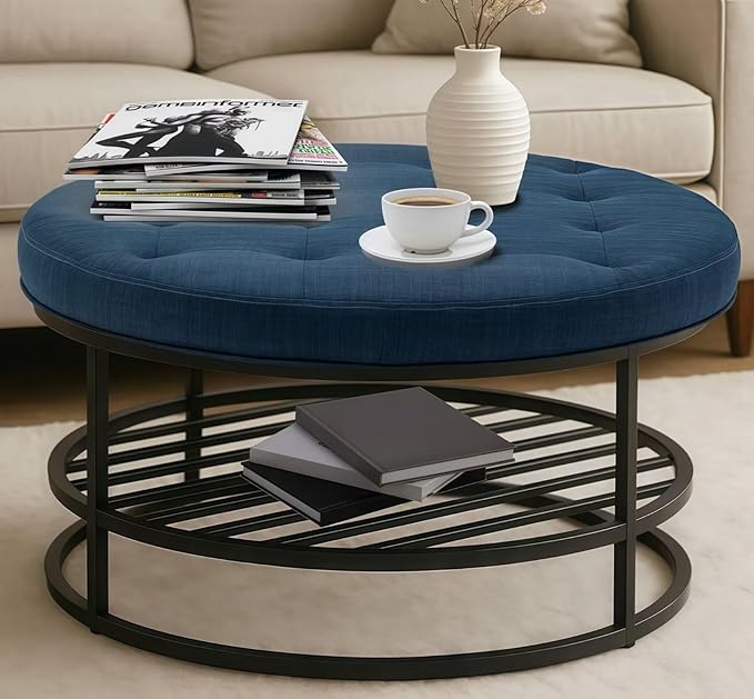 Ottoman Coffee Table with Upholstered Tufted Linen Fabric, Round Center Table with Storage Large Footrest Ottoman for Living Room Navy Blue