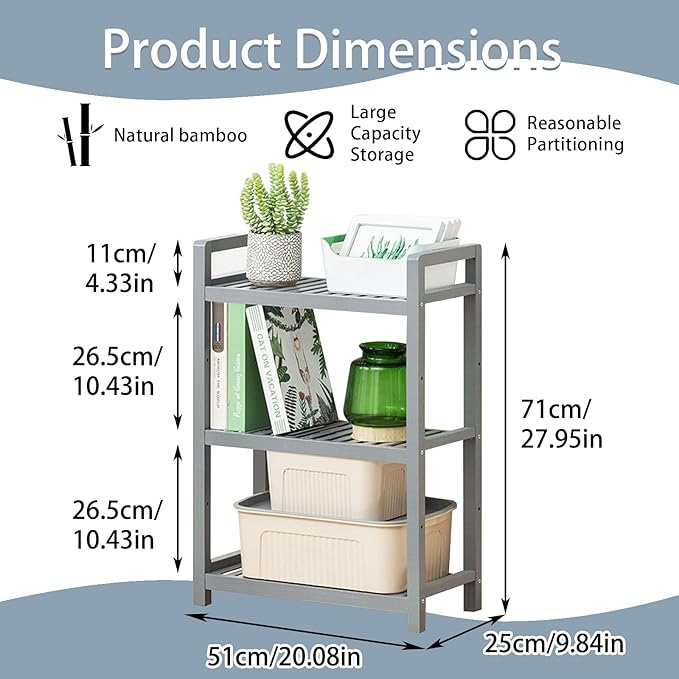 Bamboo Shelf, 4-Tier Bookcase Storage Shelves, Small Book Rack Shelving Unit, Multipurpose Storage Display Shelf for Bathroom Kitchen Living Room Office (3-Tier Grey-20.08in)