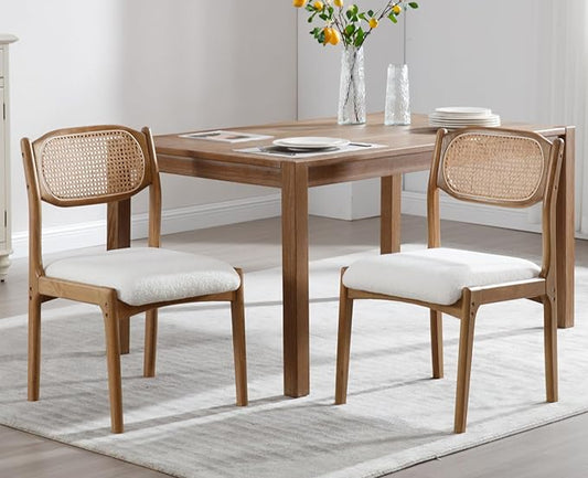 EALSON Farmhouse Rattan Dining Chairs Set of 2 Modern Mid Century Wood Dining Room Chairs with Cane Back Upholstered Sherpa Boucle Kitchen Side Chairs for Living Dining Room,Cream