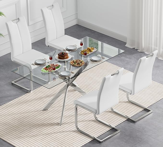 Modern Glass Dining Table Set for 4, Silver Glass Kitchen Table and Chairs Set of 4, 5 Piece Dining Room Table Set with 61" Rectangular Metal Glass Dinner Table and 4 White Leather Dining Chairs