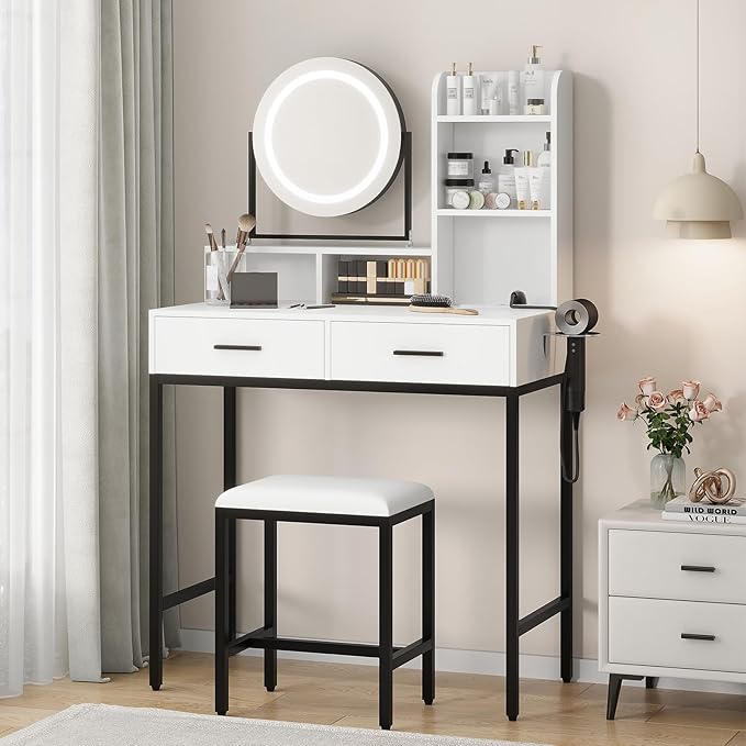 Vanity Desk with Rotating Mirror, Makeup Vanity Desk with Adjustable Mirror, 3 Colors Adjustable Light, Power Outlet, Dressing Table With 2 Drawers, Storage Shelves & Stool for Bedroom, White & Black