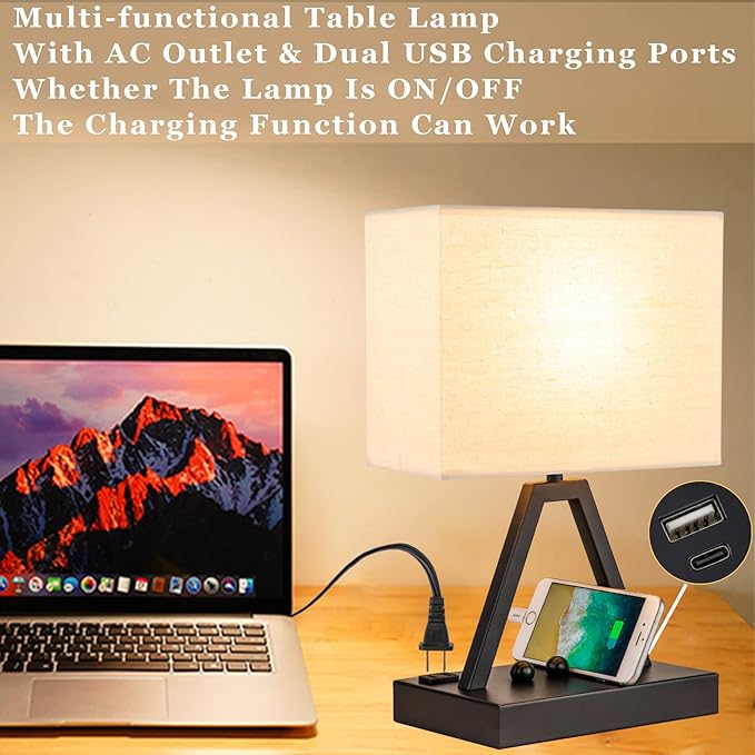 Briever Touch Control Table Lamp, 3-Way Dimmable Desk Lamp with USB C & USB A and AC Outlet, Bedside Lamps with Phone Stands for Bedroom, Living Room, Office, LED Bulb Included, Black