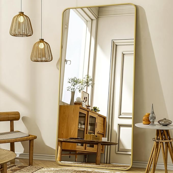 76"x34" Floor Full Length Mirror Standing Full Body Rounded Corner Rectangle Mirrors with Stand Hanging Wall Mounted Leaning Bedroom Living Room Bedroom Cloakroom,Gold