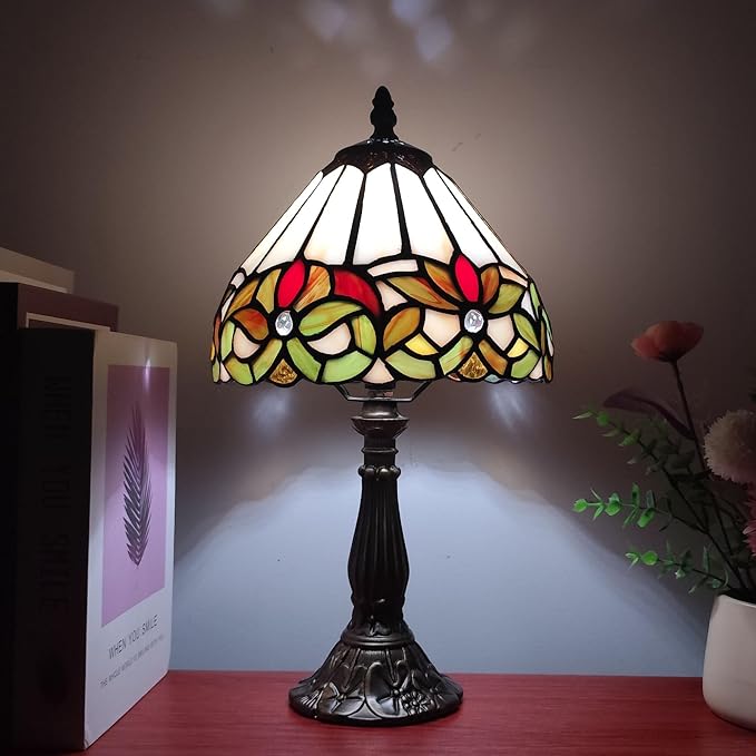 Tiffany Style Small Table Lamp Stained Glass Antique Bedside Nightstand Lamp Small Antique Side Desk Light 8X8X15 Inch for Bedroom Living Room Home Office,3-Color LED Bulb Include