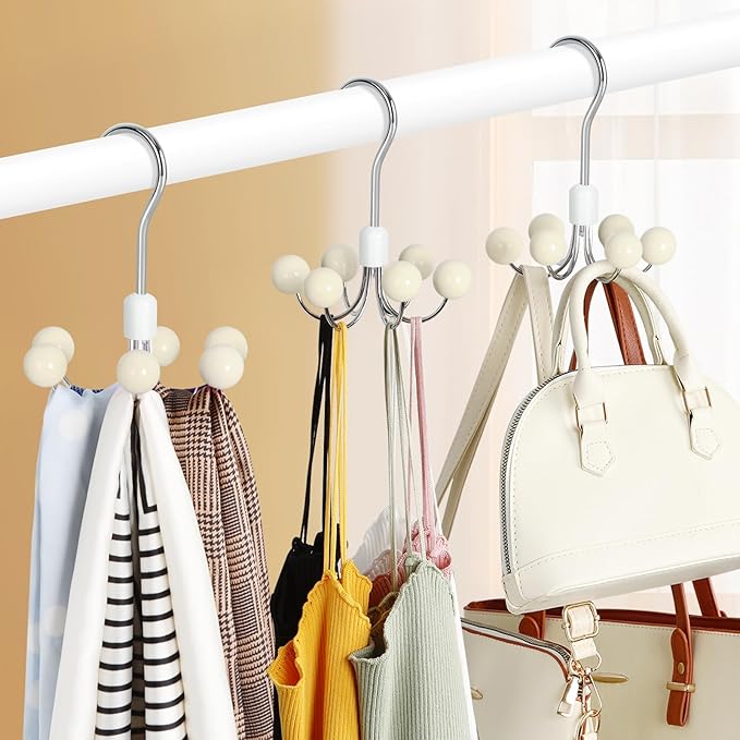 TOPIA HANGER Hoodie Hangers 2-Pack with 6 Wood Balls, 360°Swivel Purse Hanger, Scarf Hanger, Closet Hooks, Handbag Organizer, Bra Hanger, Accessory Organizers for Scarf, Tanktop, Hat, Hoodie CT43W