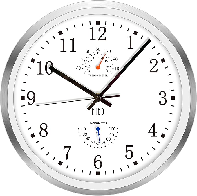 HITO 12 Inch Silent Wall Clock Battery Operated Non Ticking Glass Cover Silver Aluminum Frame, for Living Room Decor, Kitchen, Bedroom, Home Office (12" White)