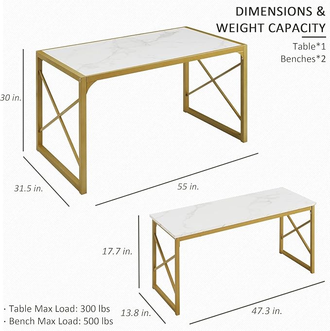 VECELO Kitchen Dining Table Benches Set for 4, 55" Wooden Dinette with 2 Benches, Heavy-Duty Dining Room Table for Small Space, Breakfast Nook, Gold