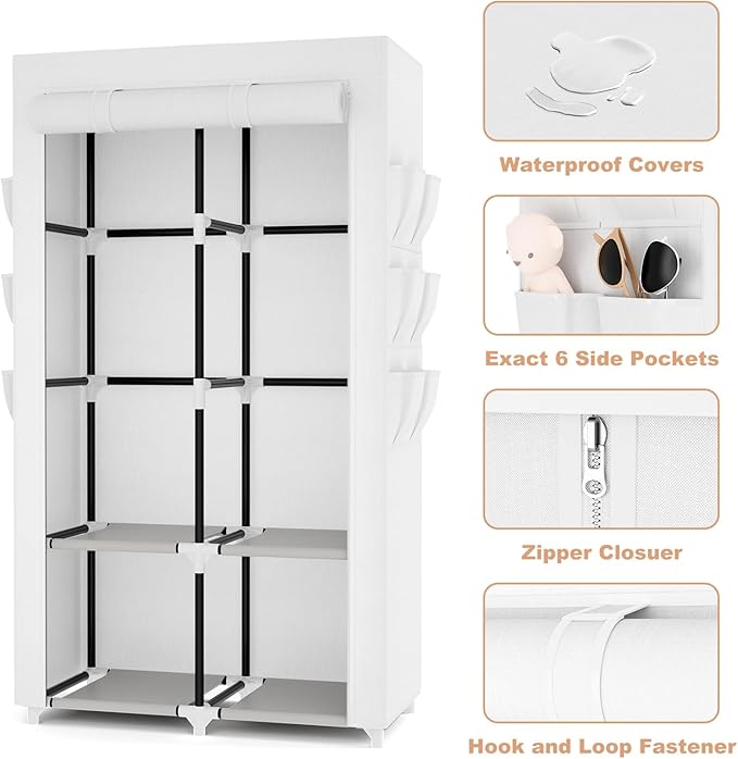 VTRIN Portable Closet Wardrobe Closet for Hanging Clothes with 4 Storage Shelves, 2 Hanging Rods and 6 Pockets, Stable and Easy Assembly Clothes Rack with Cover Free Standing Closet White